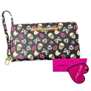 Betsey Johnson NWT Black Faux Leather Large Zippy Wristlet Wallet Skull Love Bow