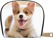 [JEJEA] Cute Corgi Print Credit Card Holder Wallet, Small Card Holder Wallet with Zipper,Leather Card Holder, White, One Size