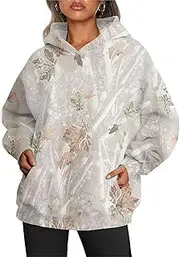[VIGOFIL] Women's Camo Hoodie Maple-Leaf Print Oversized Sweatshirt Fleece Hooded Sweatshirts with Pocket Casual Pullovers