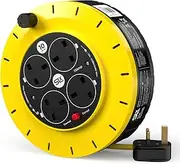 Cable Extension Lead 10m, 4 Socket Easy-Wind Cassette Reel 13A Extension Cable with Thermal Safety Cut-Out Hi-Visibility Cable