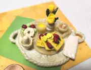 1pc Breakfast In Bed Tray Waffles, Bagel, Egg, Coffee (Clay Dollhouse Miniature)