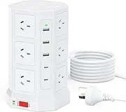Tower Power Board, Power Strip with 12 AC Outlets and 5 USB Ports(2 USB C), 1050J Surge Protected, 2400W Multiplug Charging Station, 2 M Extension Cord for Home, Office, School, SAA Certified