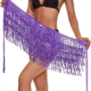 Women's OS Sequin Purple Belly Dance Skirt Wrap Tassel Hip Shoulder Scarf Fringe