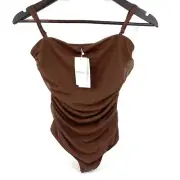 Kookai Bolt Bodysuit Womens Size AU 8 FR 36 Chocolate Fudge Mesh Square Neck New