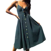 Nevenka Women Tie Front Summer Beach Dresses Spaghetti Strap Sundress-Cyan