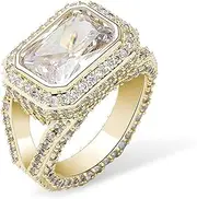 [TUSRORSU] Bling Punky Rapper Fashion Luxury Rings for Men 14K Gold Plated Shiny Big Iced out Hip Hop Cubic Zirconia Men Rings