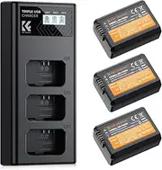 K&F Concept NP-FW50 Battery and Three Slot Charger, 3-Pack Replacement Battery for Sony ZV-E10, A6000, A6300, A6400, A6500, A5000, A5100, A7, A7II, A7R, A7RII, A7S, A7SII, RX10, 1100mAh