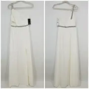 Aidan Mattox One Shoulder Evening Dress 4 Beaded Embellished Formal Maxi Cream