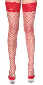 Red Fishnet Lace Top Thigh Highs Stockings Hosiery Pantyhose Club Wear PH7035