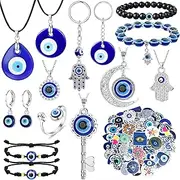 [Kakonia] 12/15Pcs Evil Eye Necklace for Women Men Bracelets Earring Ring Keychain Hamsa Hand Pendant Turkish Protection Jewelry Set with 50Pcs Evil Eye Stickers