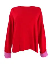 Becca Tilley x Bar III Women's Contrast-Cuff Crewneck Sweater (M, Scarlatta)