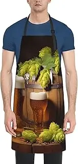 LHBWCVN Beer and Hop Cones Apron for Adults, Waterproof Cooking Aprons with 2 Pockets, Adjustable Bib Apron for Dishwashing, Long Kitchen Apron for Women Men Work Aprons for Dog Grooming, Black