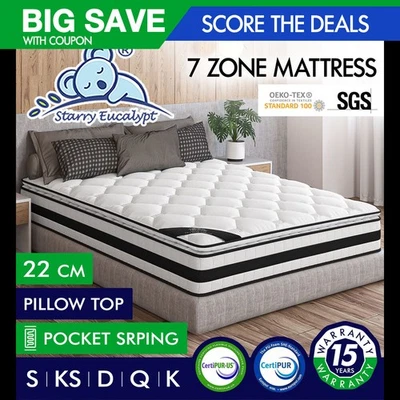 STARRY EUCALYPT Mattress Queen Double King Single Bed 22cm PillowTop Medium Firm