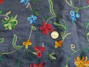 1Yd/58" 100%cotton "Dark Blue soft CHAMBRAY-DENIM w/Mach Emb bright FLOWERS" NEW