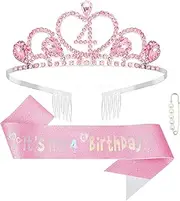 [Jaciya] 4th Birthday Crown & Sash Pink Birthday Decorations