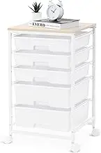 SYKIARIOL Utility Cart with 5 Drawer,Storage Drawer Cart with Wooden Tabletop and Lockable Wheels, 5 Drawer Rolling Cart with Large Capacity,White