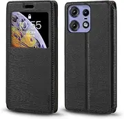for Motorola Edge 50 Pro 5G Case, Wood Grain Leather Case with Card Holder and Window, Magnetic Flip Cover for Motorola Edge 50 Pro 5G (6.7”), Black