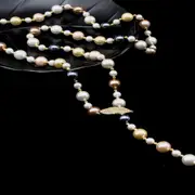 Leaf-shaped metal buckle pearls Handmade Long Necklace