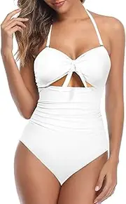 [Tempt Me] Women White Cutout One Piece Swimsuits High Waisted Halter Front Tie Knot Tummy Control Bathing Suit XL