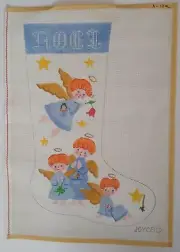Vintage Joyce Blue Angels Stars 19" Stocking Hand Painted Needlepoint Canvas