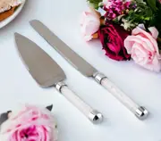 Set 2 Silver Cake Server & Knife with Sparkling Crystal Filled Diamante Handles