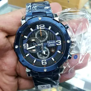 【金台鐘錶】Alexandre Christie 日期顯示 三眼計時 不鏽鋼錶帶 (藍銀) (6474MCBTUBA)