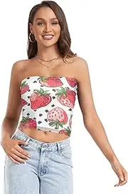 [RPLIFE] Cute Red Strawberries Cropped Tube Top Strapless Cami, Sheer Tube Tops, Tube Tops Summer (S)