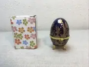 Vintage Enameled Egg Hinged Trinket Box Cobalt Blue Gold Floral With Feet 4”#68