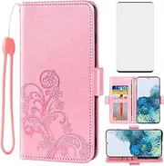 [Asuwish] Compatible with Samsung Galaxy S20 Glaxay S 20 5G UW 6.2 inch Wallet Case and Tempered Glass Screen Protector Flip Wrist Strap Card Holder Stand Cell Phone Cover for Gaxaly 20S G5 Rose Gold