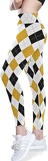[GuoChe] Argyle Plaid Black Yellow Yoga Pants for Women Stretch Leggings Seamless Athletic Pants Women