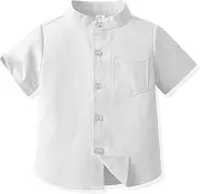[Amur Leopard] Boys' Shirt Spring Plain Shirts Children's Stand-Up Collar Cotton Cardigan with Single Breasted Buckle, White Short-Sleeved, 146