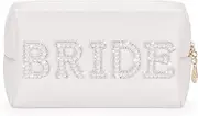 Bride Letter Makeup Bag, Bride to Be Gifts Bling Pearl Rhinestone Patch Cosmetic Bag, Waterproof PU Travel Toiletry Bag for Bachelorette Party Women Wedding Bridal, White, Bride