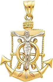 [JewelryWeb] 14ct Yellow Gold White Gold and Rose Gold Crucifix Nautical Ship Mariner Anchor Pendant Necklace 22x26mm