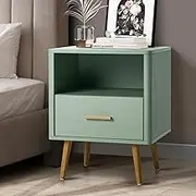 Oikiture 1 Drawer Bedside Table – Green Side Table with Open Storage Shelf for Bedroom