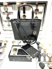 Michael Kors Jet Set Travel XS Carryall Top Zip Tote Bag+Card Case Holder(Black)