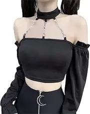 [TSMNZMU] Dark Punk Crop Top with Chains Women Punk Off Shoulder Hollow Out Solid Backless Tops