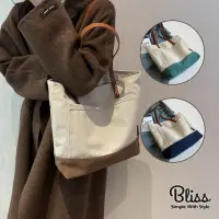 在飛比找momo購物網優惠-【Bliss BKK】質感拚色皮革單肩托特包 大容量 休閒包