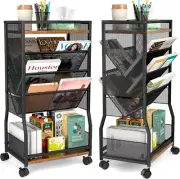 8 Tier Rolling Book Cart with Wheels, Mobile Book Storage Cart with 2 Sides Acce