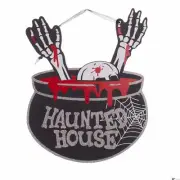 Haunted House Skeleton Cauldron Wooden Sign 11.75" Hanging Decoration, Black Red