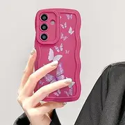 [UEEBAI] Case for Samsung Galaxy A13 5G, Cute Curly Waves Frame Shape Silicone Mobile Phone Case with Butterfly Pattern, Slim Fit Soft Bumper Cover Protective Case for Women Girls, Rose Red