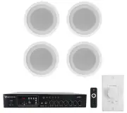 Rockville Commercial Restaurant Amp+(4) 5" White Ceiling Speakers+Wall Control