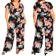City Chic Summer Floral Belted Jumpsuit Black Summer Flirt Womens 16 NWT NEW