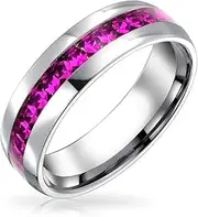 [Bling Jewelry] Customize Channel Set Crystal Eternity Band Ring Unisex Silver Toned Stainless Steel Birthstone Month Colors 6mm Sizes 5-12
