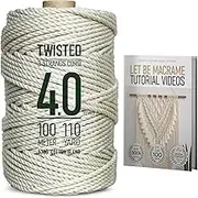 Macrame Cord 4mm x 110Yards, Easy Tutorial Videos, Premium Twisted Cotton Blend Cord Natural Color for Wall Decor, Wall Hanging Plant and Home Decor (4mm x 100m)