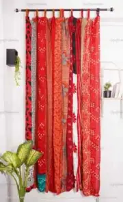 2 Pc Indian Old Recycle Silk Saree Boho Multi Curtain Door Drape Decor Curtain
