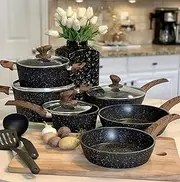Kitchen Academy Induction Cookware Sets - 12 Piece Cooking Pan Set, Granite Black Nonstick Pots and Pans Set