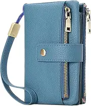 [SENDEFN] Purses for Women, Medium Size, Triple Foldable Leather Purse, RFID Blocking Wallet with Card Slots, Coin Compartment and Removable Hand Strap, Blue, Retro