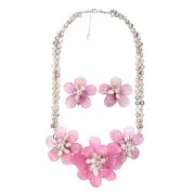 Elegant Pink Quartz Stone and Pearl Flower Necklace with Earrings Jewelry Set