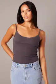 Grey Singlet Top Sleeveless Scoop Neck Lace Trim - Size L, Women's Singlet