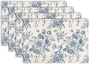 Generic AnyDesign Vintage Floral Placemats Blue Flower Table Mats Non-Slip Heat Resistant Washable Table Dinner Mats for Home Kitchen Decor, 12 x 18 Inch, Set of 4, Blue, White